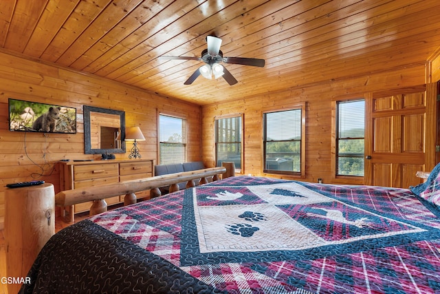 bedroom with wooden ceiling, wooden walls, and a ceiling fan