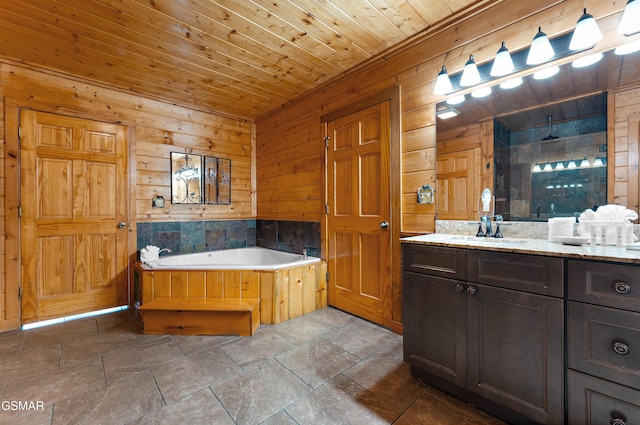 full bath featuring wood ceiling, a garden tub, wooden walls, and vanity