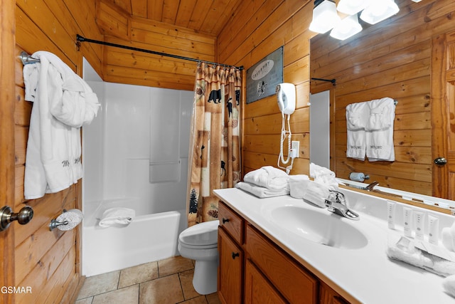 bathroom with wooden ceiling, toilet, wood walls, vanity, and shower / bath combo with shower curtain