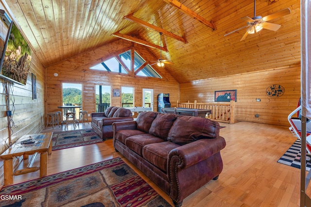 living area with wooden ceiling, ceiling fan, light wood-type flooring, wood walls, and high vaulted ceiling