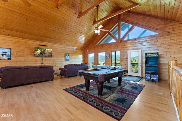 playroom featuring light wood-type flooring, beam ceiling, wooden ceiling, and billiards