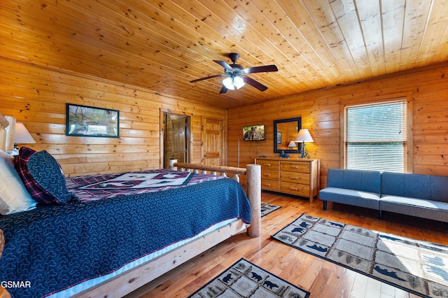 bedroom featuring wood walls, wood ceiling, and wood finished floors