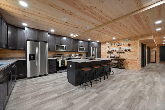 kitchen with light stone countertops, a kitchen bar, stainless steel appliances, wooden walls, and a kitchen island