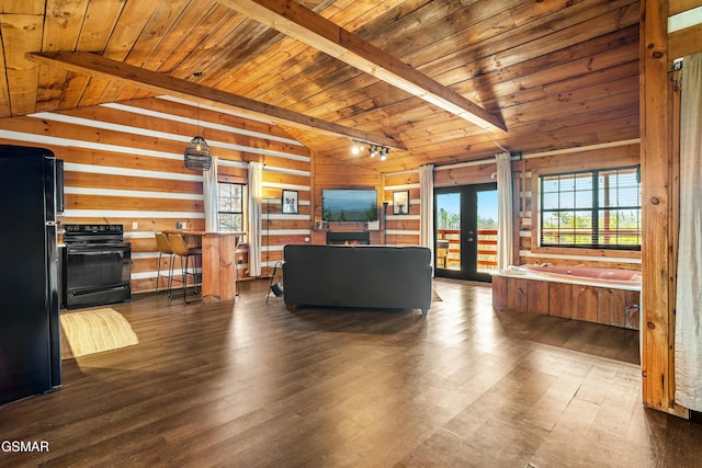 living area with wooden ceiling, wood walls, vaulted ceiling, french doors, and dark wood-style floors