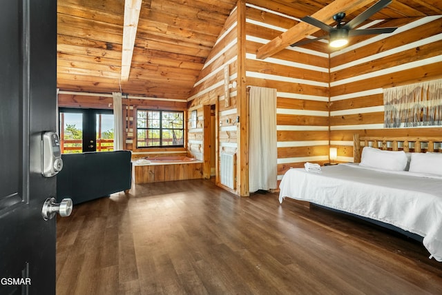 unfurnished bedroom with dark wood-type flooring, wood ceiling, vaulted ceiling, and wooden walls