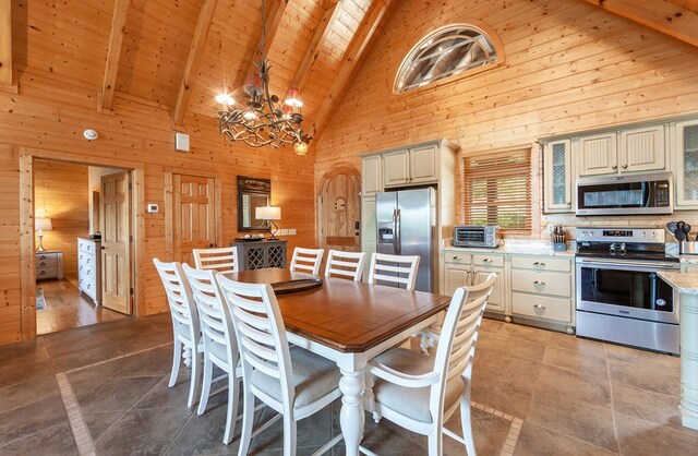 2837 Cedar Falls Way, Sevierville, TN 37862 - dining space with wooden walls, an inviting chandelier, a toaster, wood ceiling, and beamed ceiling