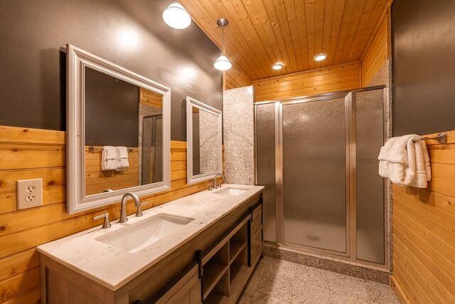 2837 Cedar Falls Way, Sevierville, TN 37862 - full bathroom featuring a sink, wooden ceiling, a shower stall, and wood walls