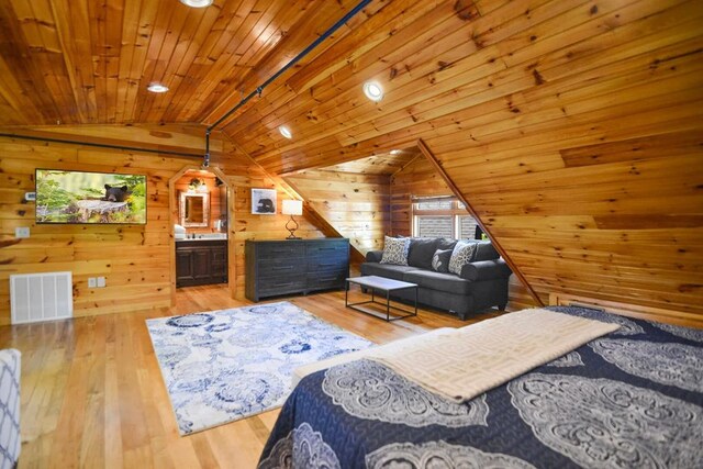2837 Cedar Falls Way, Sevierville, TN 37862 - bedroom with visible vents, wooden ceiling, lofted ceiling, and wooden walls