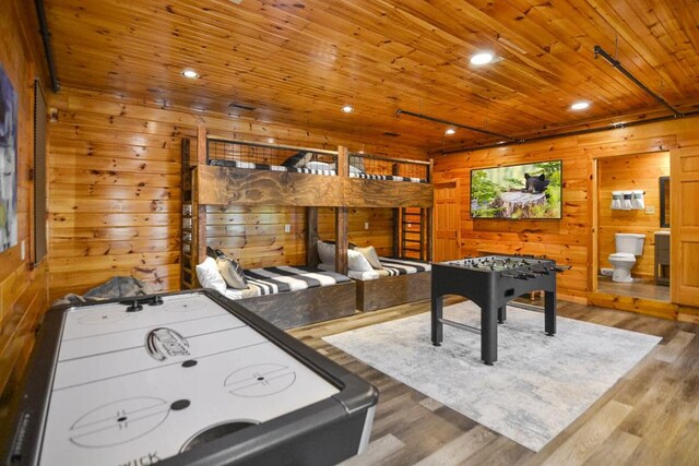 2837 Cedar Falls Way, Sevierville, TN 37862 - playroom with recessed lighting, wood walls, wooden ceiling, and wood finished floors