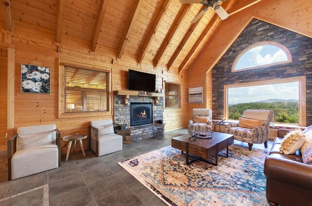 2837 Cedar Falls Way, Sevierville, TN 37862 - living area with wooden ceiling, wooden walls, and beamed ceiling