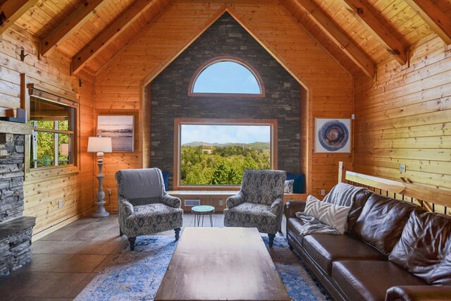 2837 Cedar Falls Way, Sevierville, TN 37862 - living room featuring beam ceiling, wooden walls, high vaulted ceiling, and visible vents