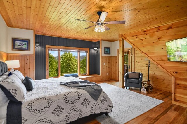 2837 Cedar Falls Way, Sevierville, TN 37862 - bedroom with ceiling fan, wood finished floors, wooden ceiling, and wood walls