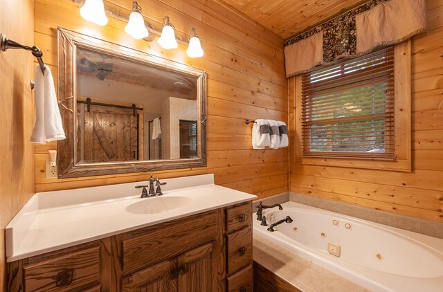 2837 Cedar Falls Way, Sevierville, TN 37862 - bathroom featuring wood ceiling, wooden walls, vanity, and a whirlpool tub