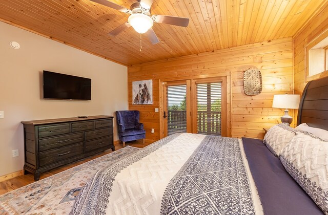 2837 Cedar Falls Way, Sevierville, TN 37862 - bedroom with wood finished floors, ceiling fan, wood walls, wooden ceiling, and access to outside