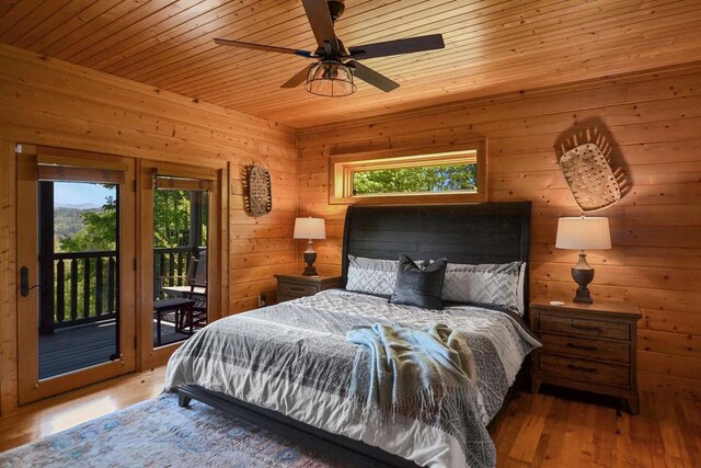 2837 Cedar Falls Way, Sevierville, TN 37862 - bedroom with access to exterior, wooden walls, wooden ceiling, wood finished floors, and a ceiling fan