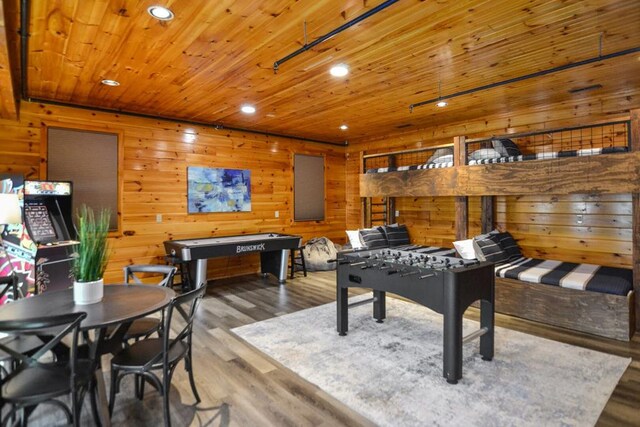 2837 Cedar Falls Way, Sevierville, TN 37862 - playroom featuring wood finished floors, wooden walls, recessed lighting, and wood ceiling