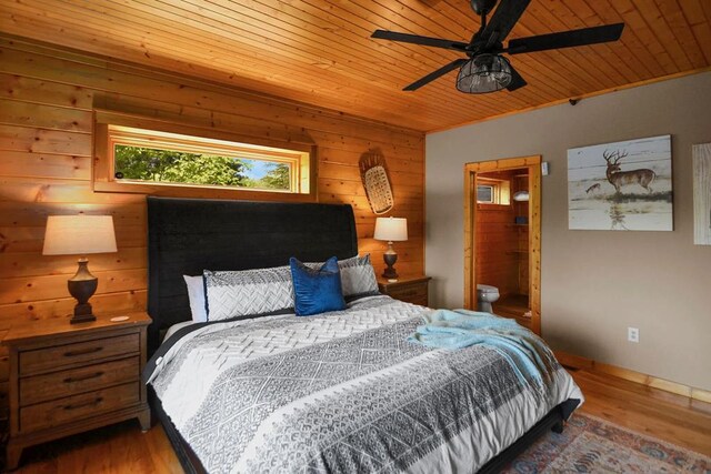 2837 Cedar Falls Way, Sevierville, TN 37862 - bedroom featuring wood finished floors, ensuite bath, ceiling fan, wood walls, and wooden ceiling