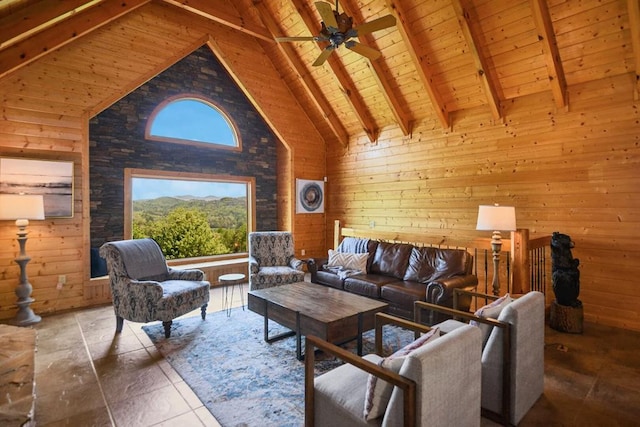 2837 Cedar Falls Way, Sevierville, TN 37862 - living room with beamed ceiling, high vaulted ceiling, wood walls, wooden ceiling, and ceiling fan