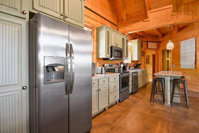 2837 Cedar Falls Way, Sevierville, TN 37862 - kitchen featuring wooden walls, wood ceiling, lofted ceiling with beams, appliances with stainless steel finishes, and a sink