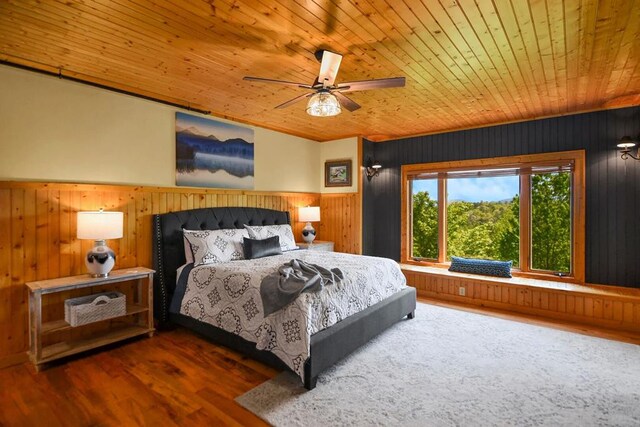 2837 Cedar Falls Way, Sevierville, TN 37862 - bedroom featuring wooden walls, a ceiling fan, wood finished floors, wood ceiling, and wainscoting