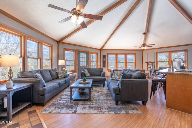 living area with light wood-style flooring, crown molding, and lofted ceiling with beams