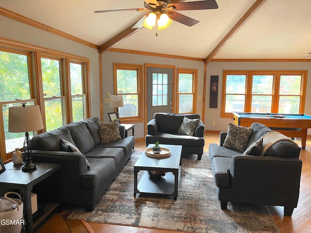 living room with ceiling fan, lofted ceiling with beams, billiards, and a textured ceiling