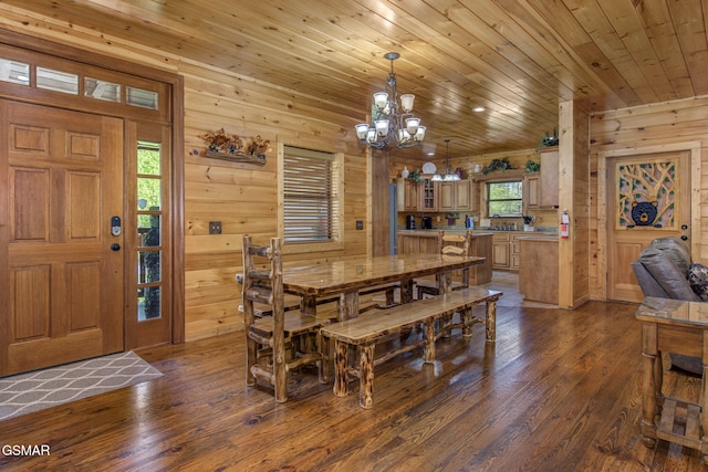 2754 Owls Cove Way, Sevierville, TN 37862 - dining space with a chandelier, dark wood-type flooring, wood walls, and wood ceiling