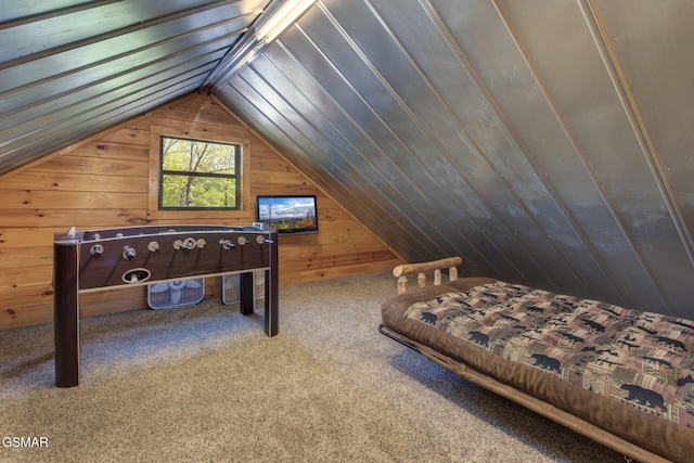 2754 Owls Cove Way, Sevierville, TN 37862 - bedroom with wood walls, lofted ceiling, and carpet floors