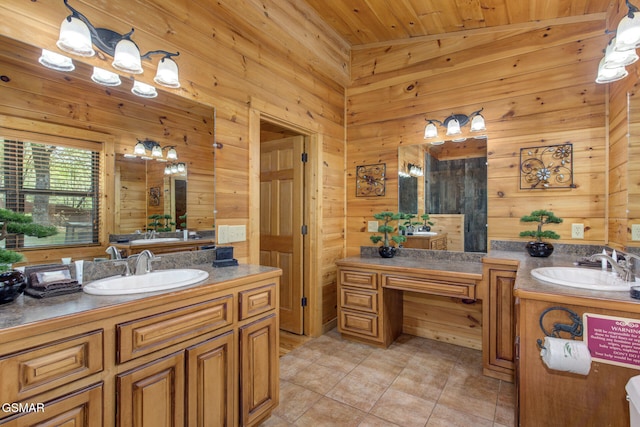 2754 Owls Cove Way, Sevierville, TN 37862 - bathroom featuring wooden walls, two vanities, tile patterned floors, and wood ceiling