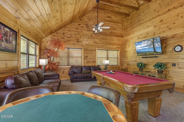 2754 Owls Cove Way, Sevierville, TN 37862 - playroom with wood walls, a wooden ceiling with exposed beams, carpet, ceiling fan, and billiards