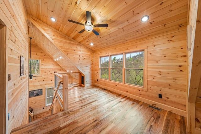 bonus room with ceiling fan, hardwood / wood-style floors, vaulted ceiling, wooden ceiling, and wood walls