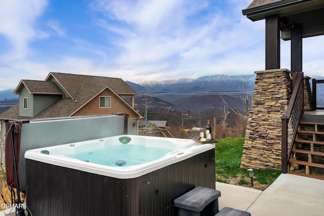 710 Wiley Oakley Dr, Gatlinburg, TN 37738 - view of patio / terrace with a hot tub, a mountain view, and stairs