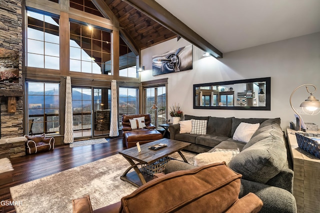 710 Wiley Oakley Dr, Gatlinburg, TN 37738 - living room featuring beam ceiling, wood-type flooring, and high vaulted ceiling