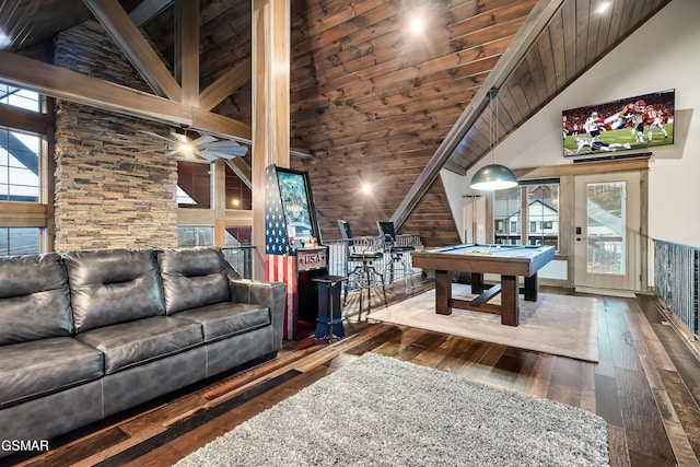 710 Wiley Oakley Dr, Gatlinburg, TN 37738 - playroom with high vaulted ceiling, billiards table, wood-type flooring, ceiling fan, and wood ceiling