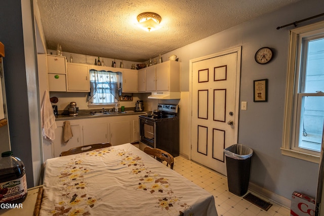 kitchen with sink, electric range, cream cabinets, and a textured ceiling