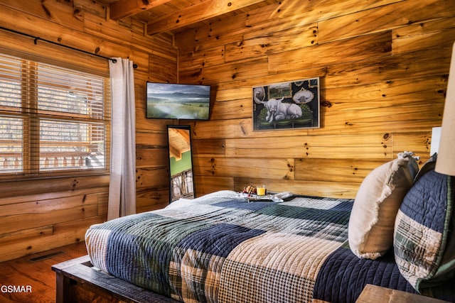2017 Smoky Cove Rd, Sevierville, TN 37876 - bedroom featuring wooden walls, beam ceiling, wood finished floors, and wood ceiling