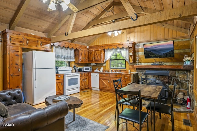 kitchen featuring ceiling fan, wooden ceiling, lofted ceiling with beams, white appliances, and light wood-type flooring