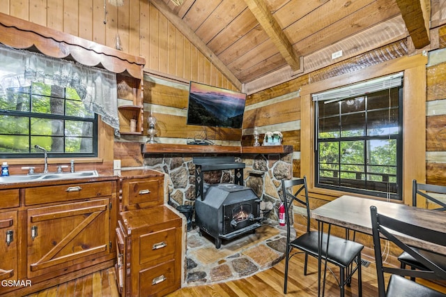 office area with a wood stove, sink, wooden walls, wood ceiling, and light wood-type flooring