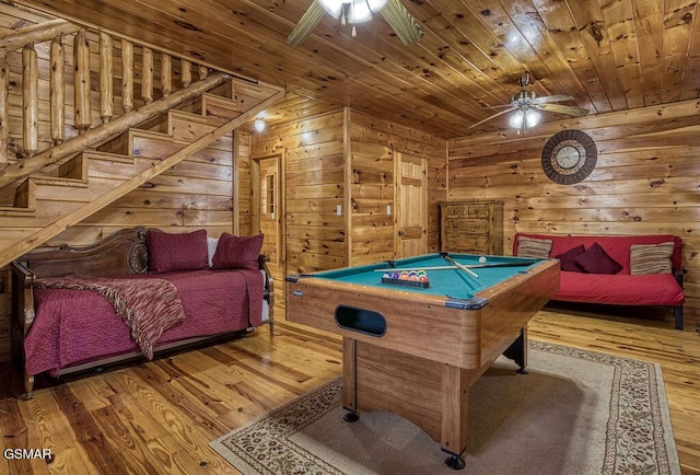 playroom featuring wood finished floors, wood ceiling, ceiling fan, and billiards