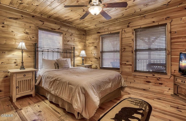 bedroom featuring wooden ceiling, wooden walls, light wood finished floors, and ceiling fan