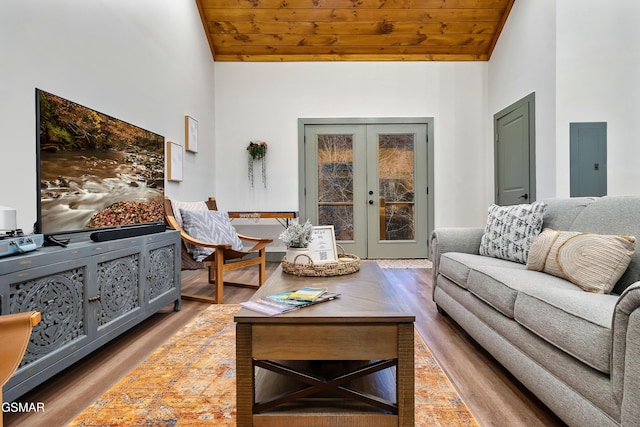 1719 Walker Trl, Sevierville, TN 37876 - living room with french doors, electric panel, high vaulted ceiling, wood ceiling, and wood finished floors