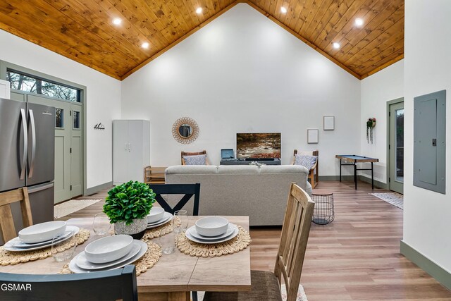 1719 Walker Trl, Sevierville, TN 37876 - dining space with high vaulted ceiling, light wood-style flooring, wooden ceiling, baseboards, and recessed lighting
