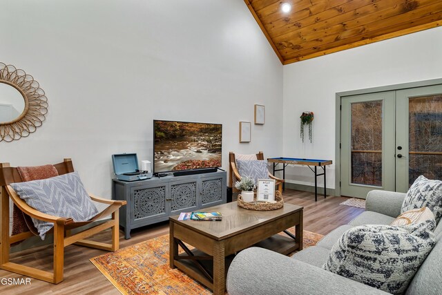1719 Walker Trl, Sevierville, TN 37876 - living room with light wood-style floors, high vaulted ceiling, french doors, baseboards, and wood ceiling