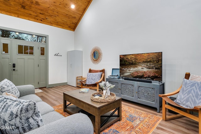 1719 Walker Trl, Sevierville, TN 37876 - living room featuring high vaulted ceiling, light wood-style flooring, wood ceiling, recessed lighting, and baseboards