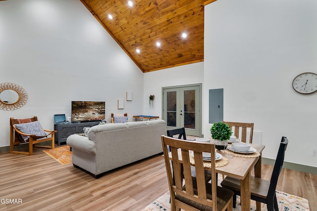 1719 Walker Trl, Sevierville, TN 37876 - dining area featuring high vaulted ceiling, french doors, electric panel, wood ceiling, and light wood-style flooring