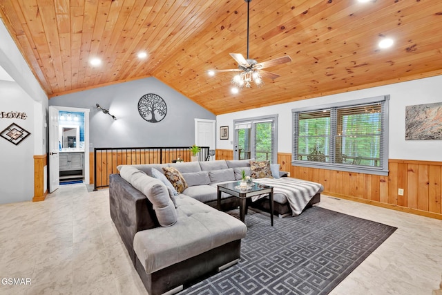 living room featuring ceiling fan, vaulted ceiling, and wooden ceiling