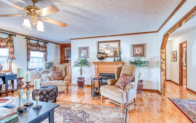 150 Florence Cir, Dandridge, TN 37725 - living room with ceiling fan, ornamental molding, a textured ceiling, and light wood-type flooring