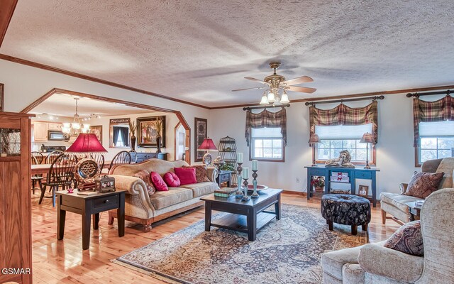 150 Florence Cir, Dandridge, TN 37725 - living room featuring a textured ceiling, crown molding, hardwood / wood-style floors, and ceiling fan with notable chandelier
