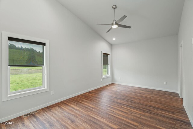 unfurnished room with ceiling fan, wood finished floors, baseboards, high vaulted ceiling, and recessed lighting
