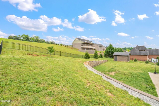 view of yard featuring an outdoor structure, a storage unit, and a rural view